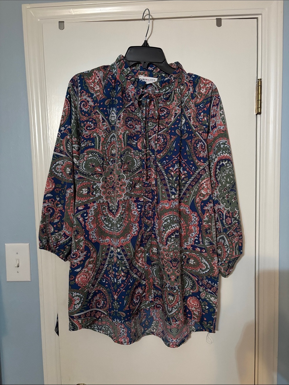 Women’s large Paisley Tie-Neck Blouse in Navy, Olive & coral